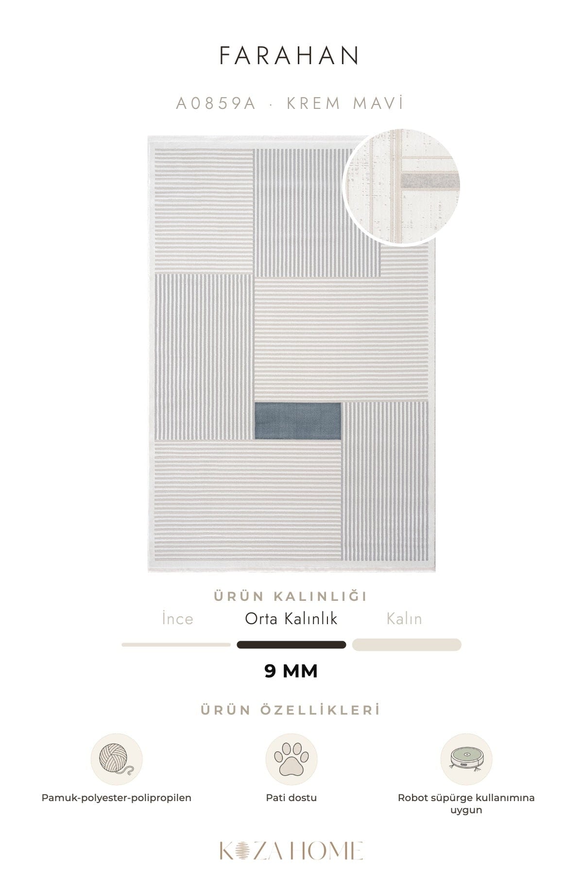 Farahan Krem Mavi Geometrik Desenli Halı A0859A