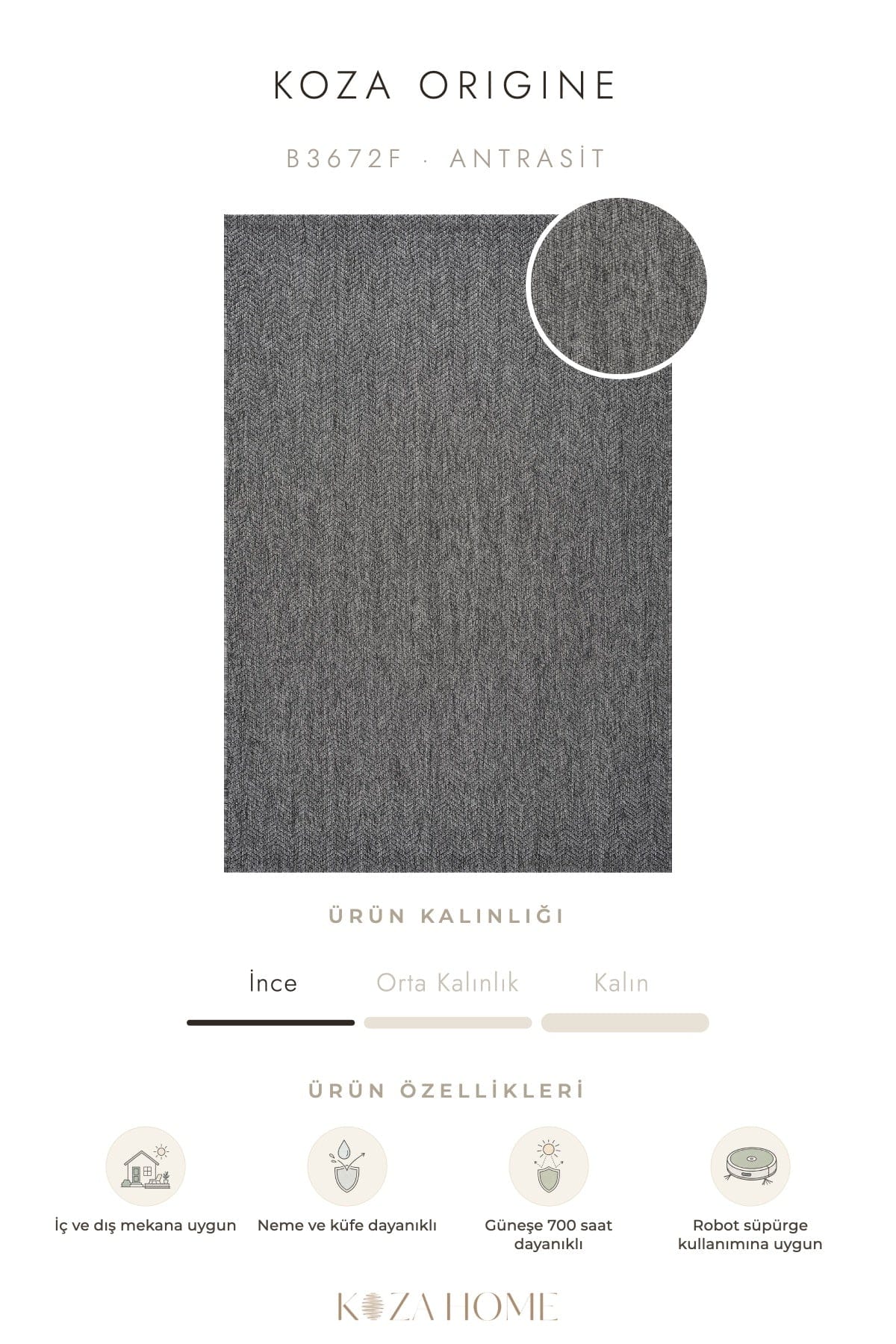 Koza Origine Antrasit Düz Dokuma Balkon Teras Bahçe Halısı B3672F