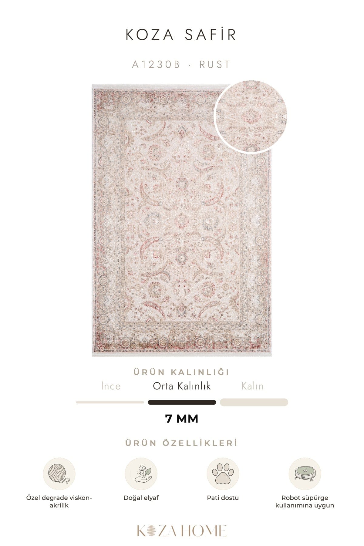 Koza Safir Rust Klasik Motifli Salon Halısı A1230B