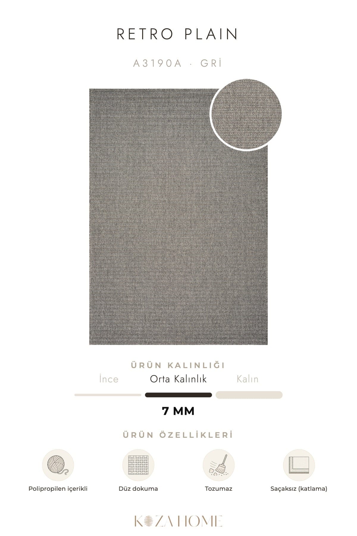 Retro Plain Gri Düz Dokuma Halı A3190A