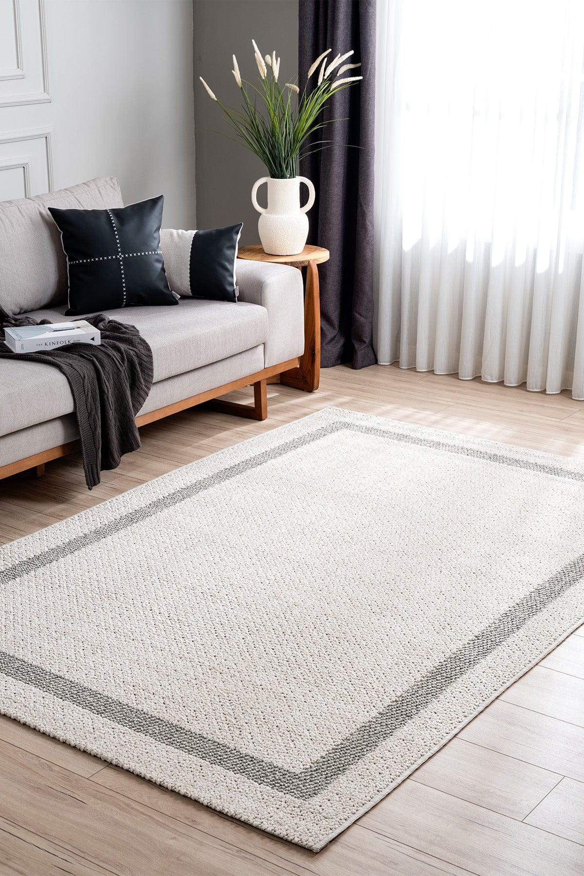 Retro Plain Krem Gri Bordürlü Halı A3234A