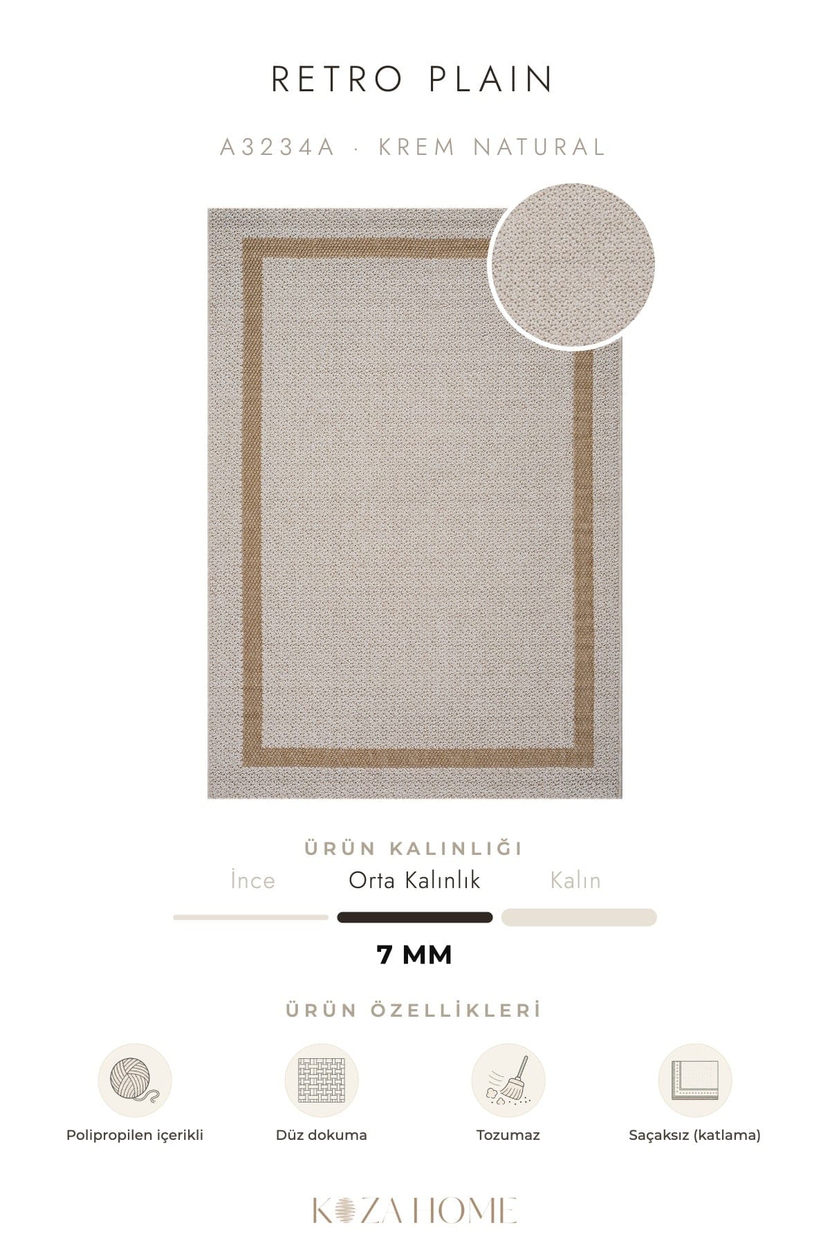 Retro Plain Krem Natural Bordürlü Halı A3234A