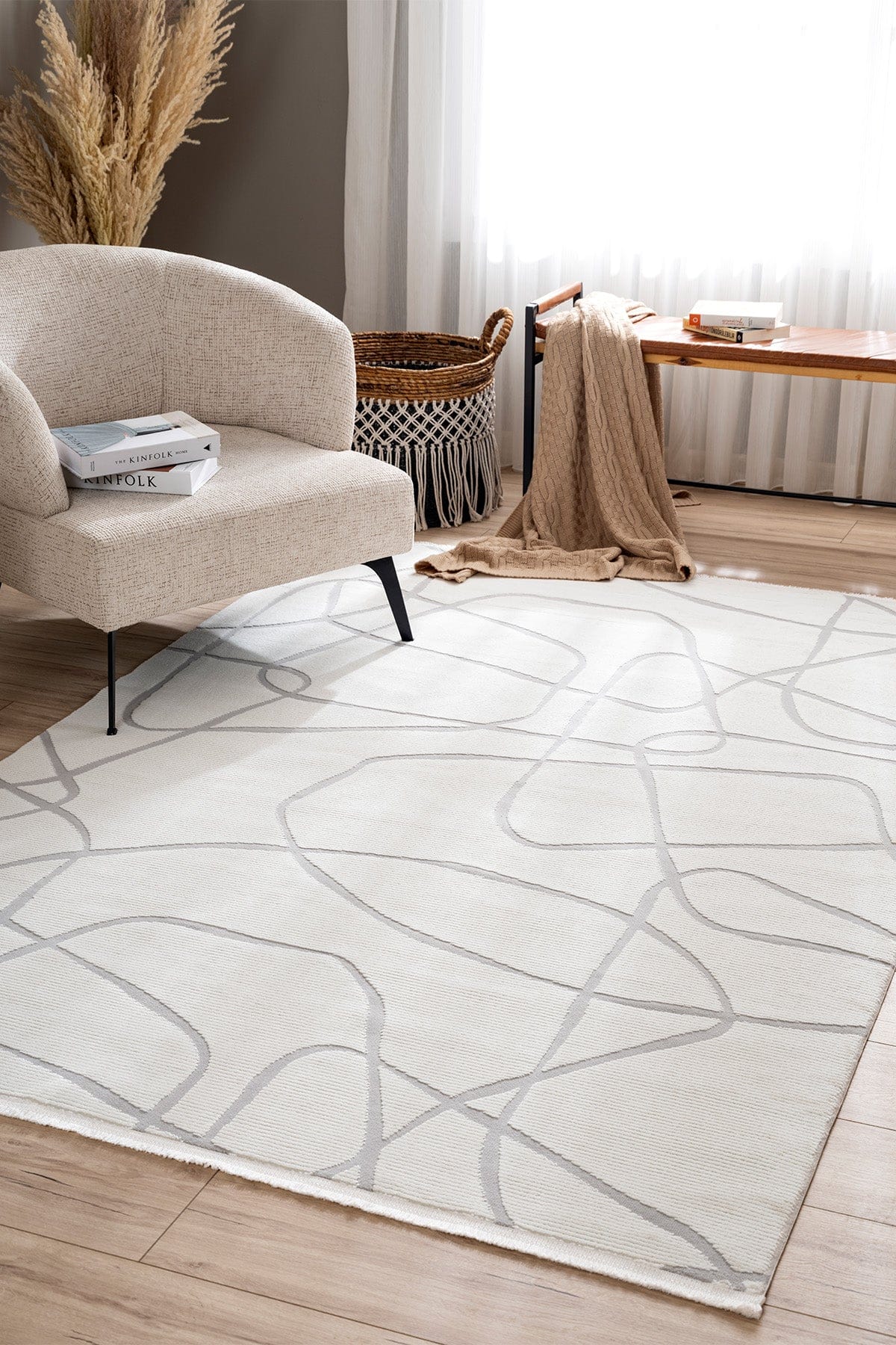 Farahan Krem Gri  Geometrik Desenli Halı A0858A