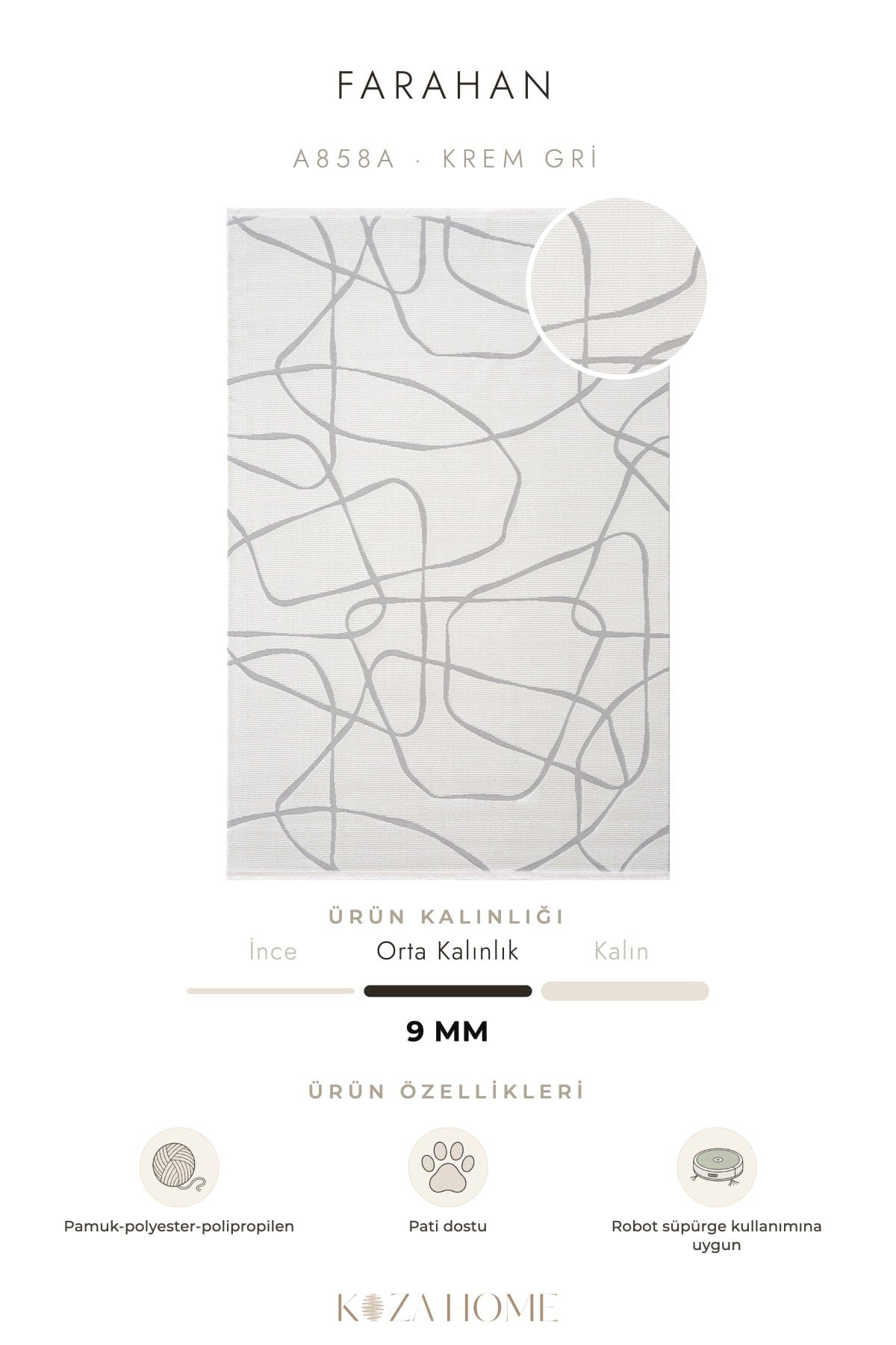 Farahan Krem Gri  Geometrik Desenli Halı A0858A