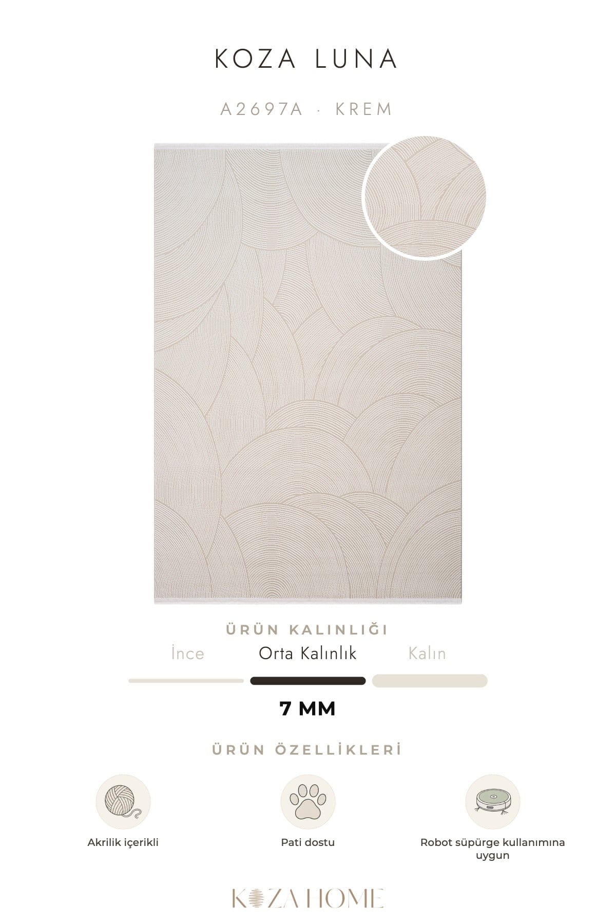 Koza Luna Krem Çizgisel Salon Halısı A2697A