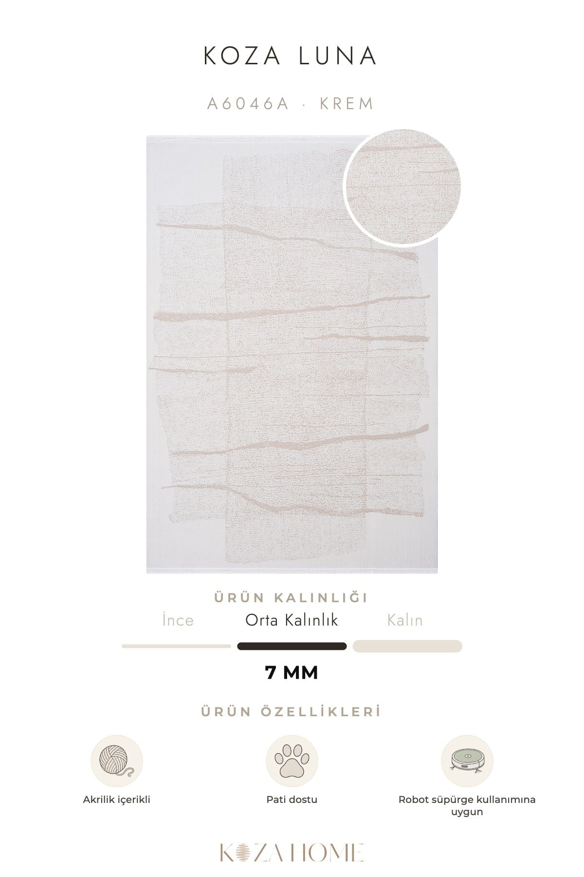 Koza Luna Krem Çizgisel Salon Halısı A6046A
