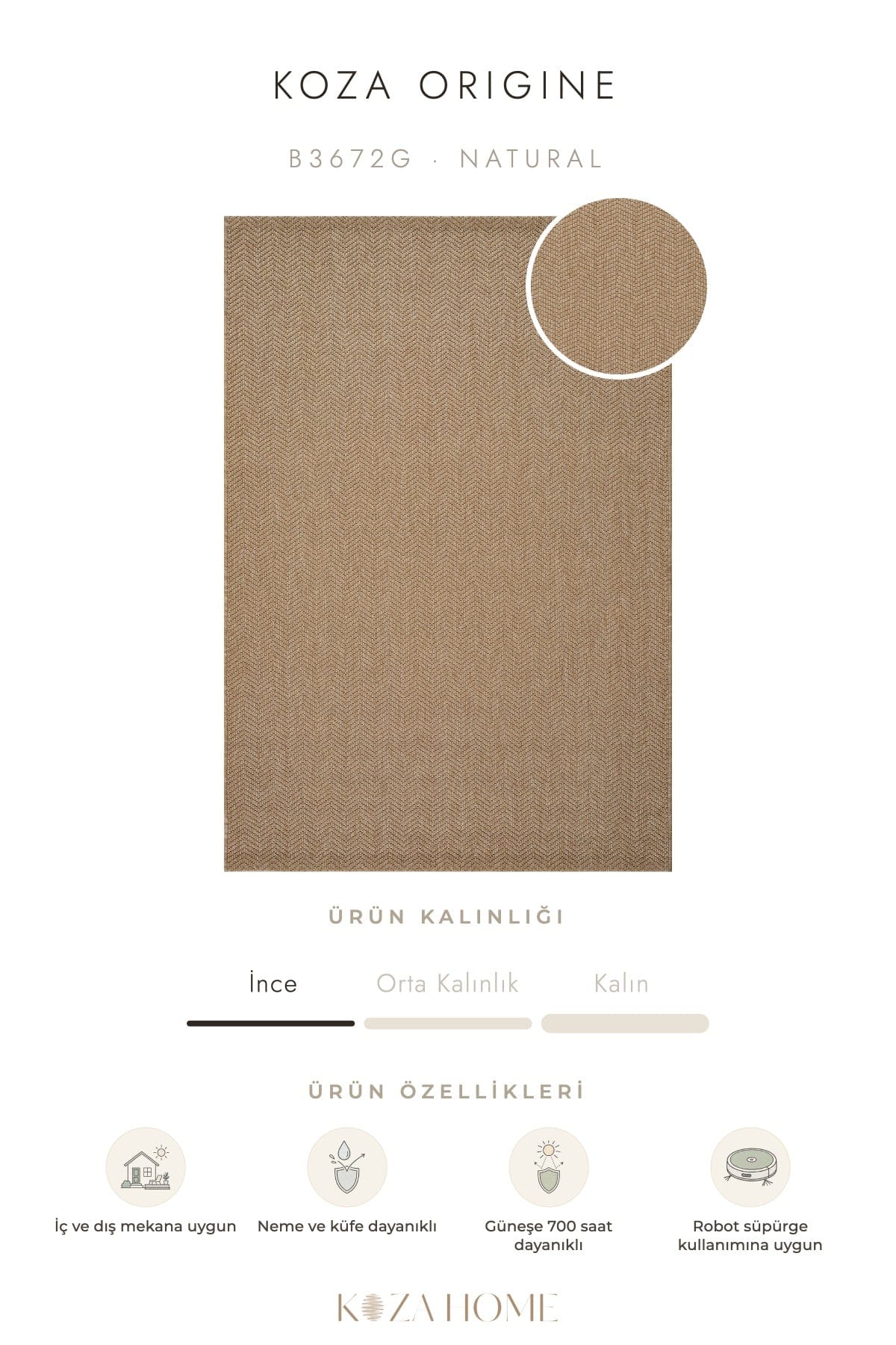 Koza Origine Natural Düz Dokuma Balkon Teras Bahçe Halısı B3672G