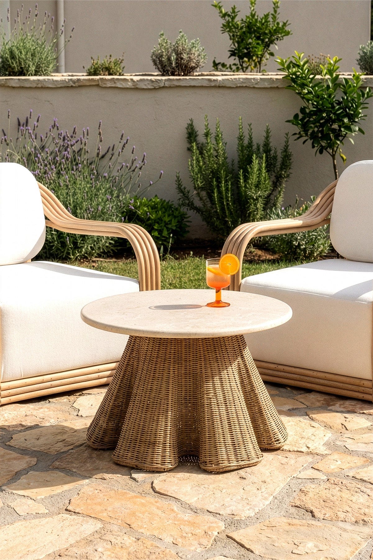 Savia Demir ve Rattan Örme Ayaklı Mermer Masa 70 cm 10116